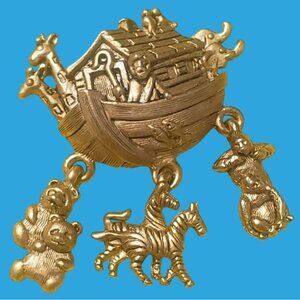 Vintage Signed Avon Noah's Ark Charm Brooch Pin Gold-Tone - Panda Zebra Gorilla